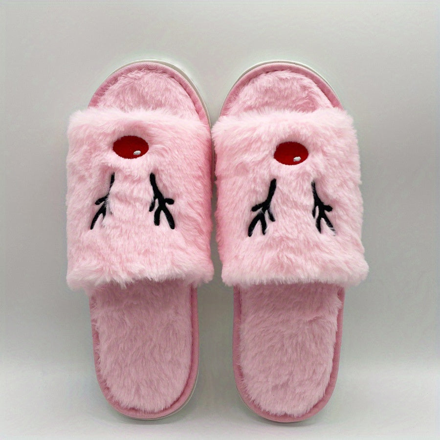 Christmas Elk Plush Slippers Open Toe Cozy Slip On Flat Fuzzy Shoes