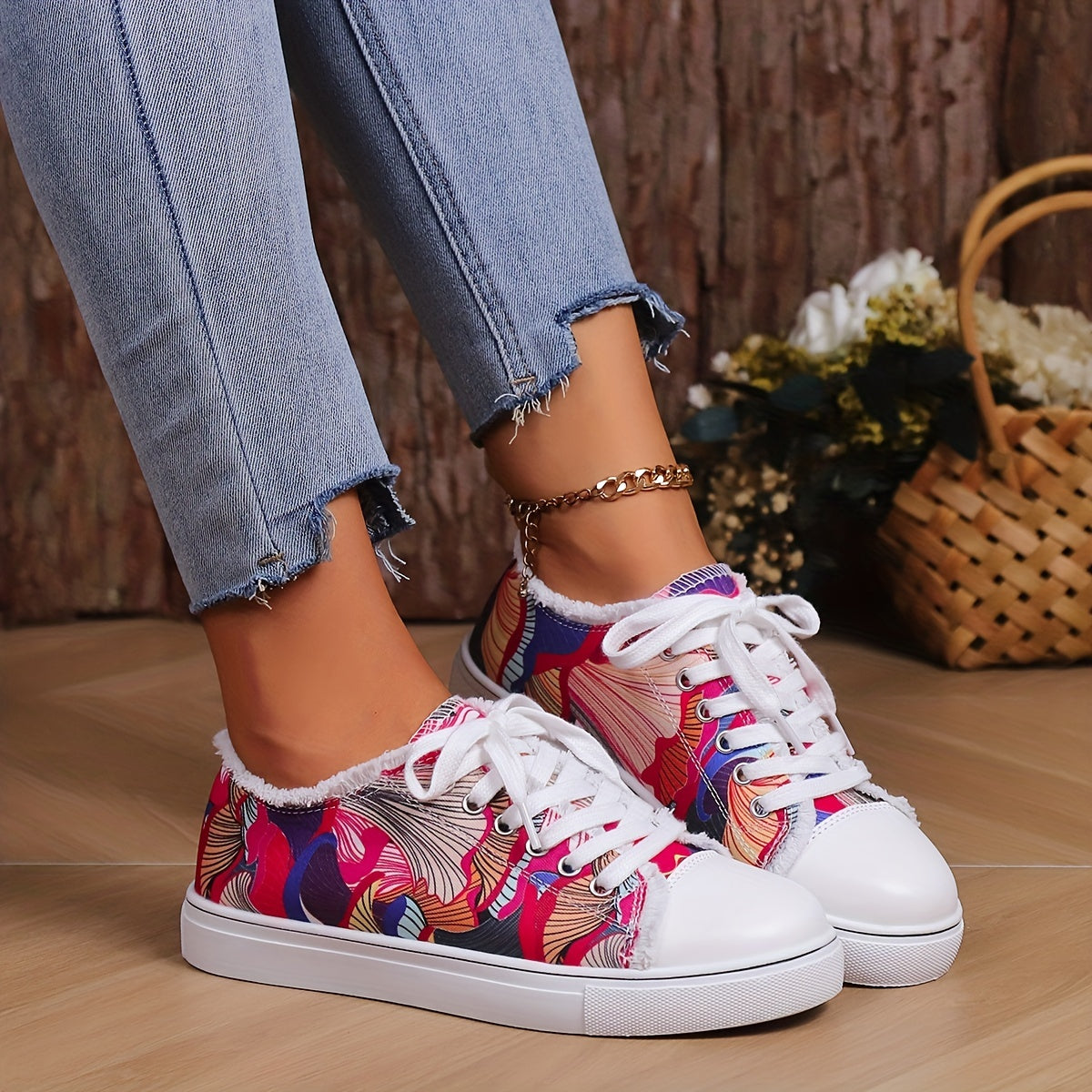 Women's Art Printed Canvas Low Top Sneakers Lace Up Round Toe Casual Shoes