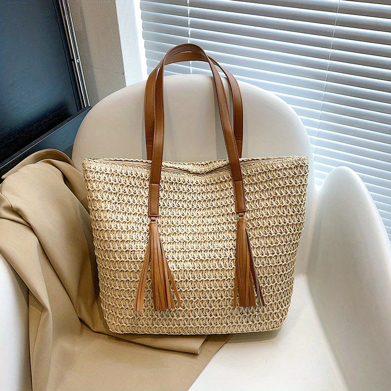 Colorblock Straw Tote Bag Woven Shoulder Bag With Tassel Decor