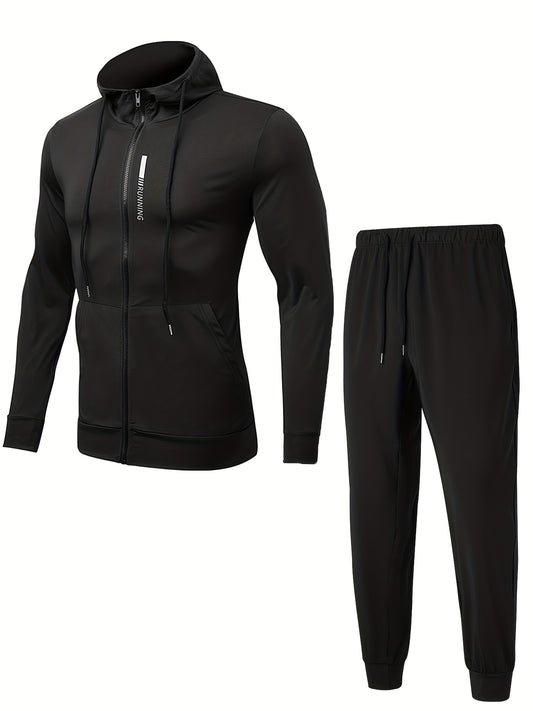 Men's Sports Suit Zip Hooded Jacket & Stretch Pants for Gym Workouts
