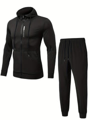 Men's Sports Suit Zip Hooded Jacket & Stretch Pants for Gym Workouts