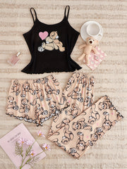 Bear Print Pajama Set Cami Top & Shorts & Pants