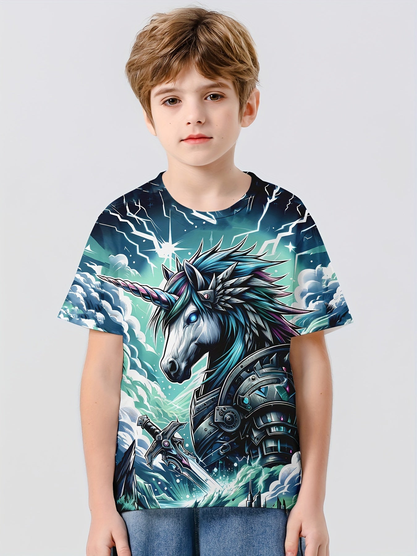 Unicorn Warrior 3D Print Boy's Tee Short Sleeve Comfy T shirt Kids Summer Clothi