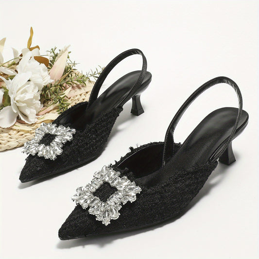 Women's Tweed Slingback Kitten Heels Rhinestone Square Buckle Slip On Sandals