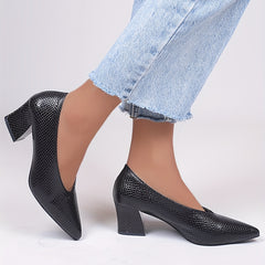 Women's Snakeskin Pattern Court Pumps Slip-On Chunky Heels