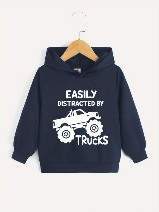 BOYS TRUCKS Letter Print Hooded Sweatshirt Spring Fall Kids Clothing
