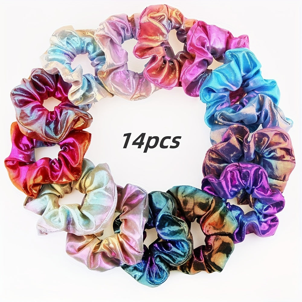 14pcs Holographic Scrunchies Hair Tie Y2K Gradient Laser Hair Rope Bracelet