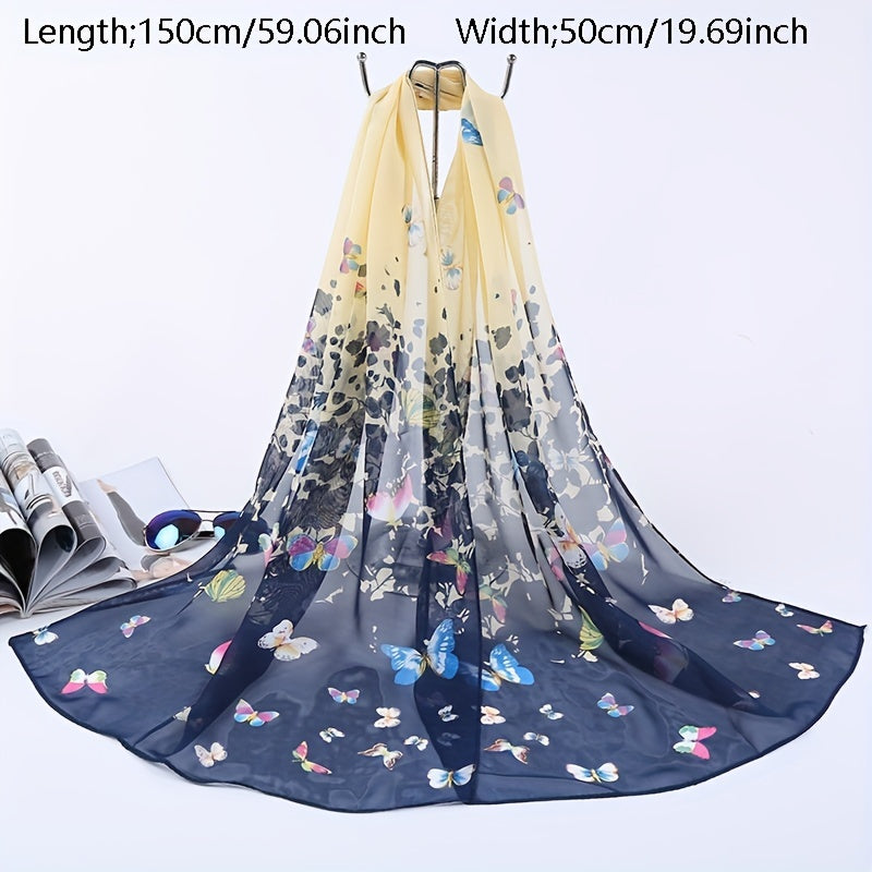 Chiffon Silk Scarf Gradient Butterfly Print Headwrap Large Shawl