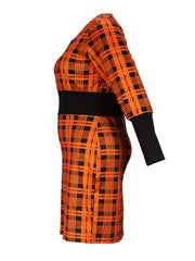  Colorblock Plaid Print Lace Up Lantern Sleeve Dress
