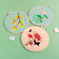 Chinese Style Flowers Lotus Manjusaka Embroidery Kit Set with Hoop 20.07cm
