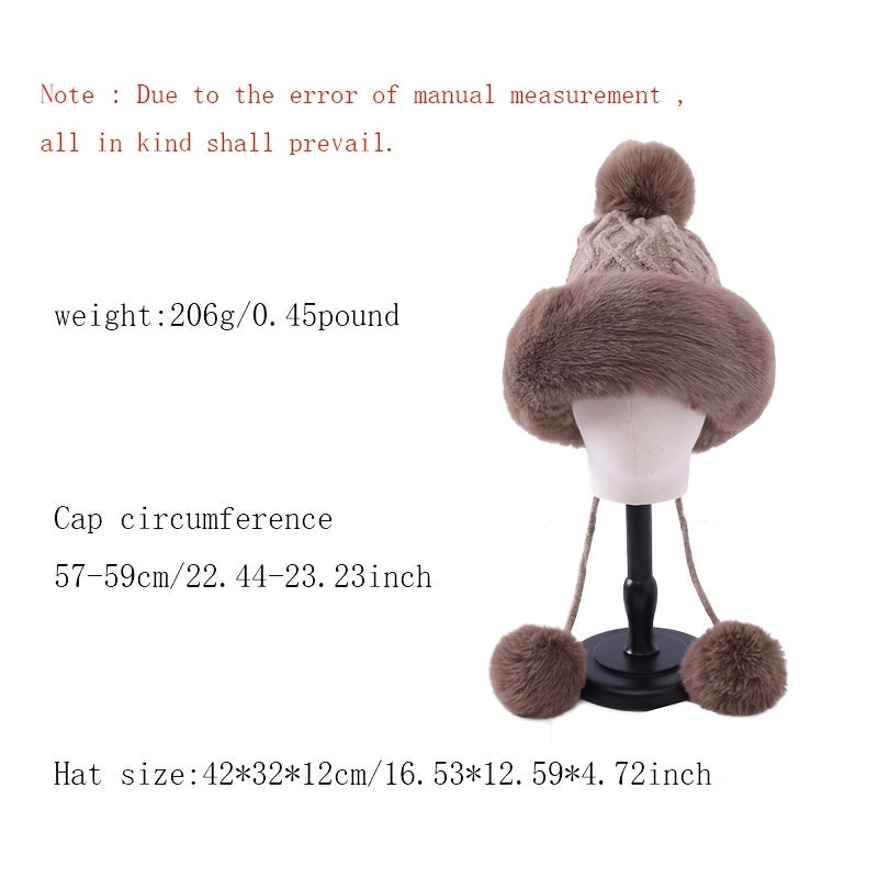 Fur Beanie Hat With Pom Pom Fuzzy Trapper Hat Ears Warm Knit Cap
