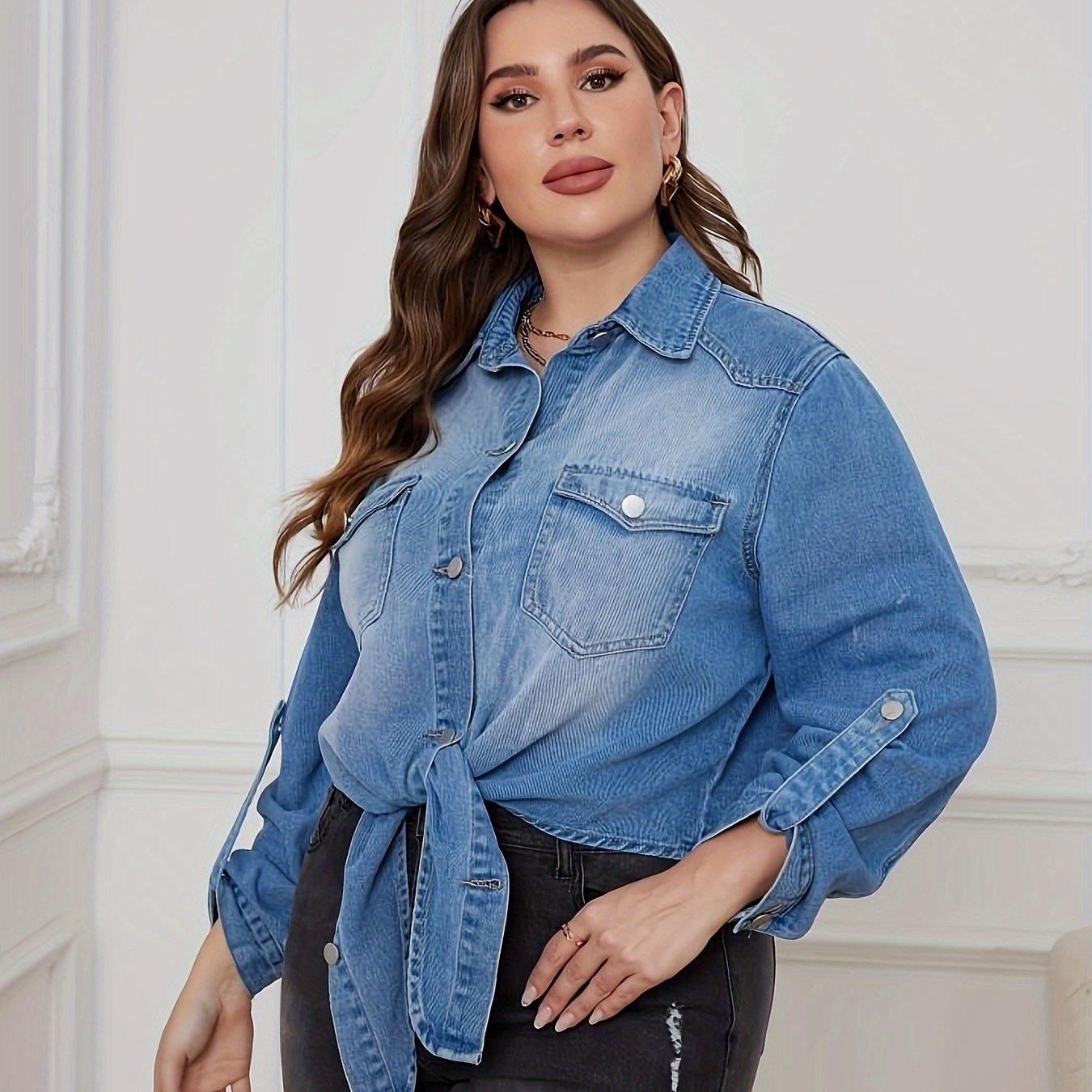  Denim Top Women's Rolled Sleeve Button Up Tie Front Blouse