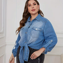  Denim Top Women's Rolled Sleeve Button Up Tie Front Blouse
