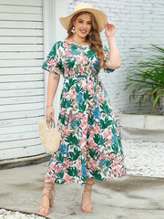 Plus Size Tropical Print V Neck Midi Dress