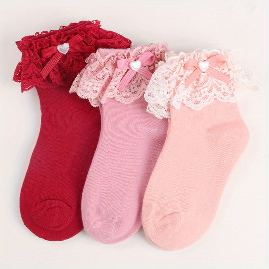 3 Pairs Girl Socks Love Bow Ruffled Princess Socks