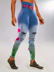 Faux Denim Print Butt Lifting Fitness Gym Leggings