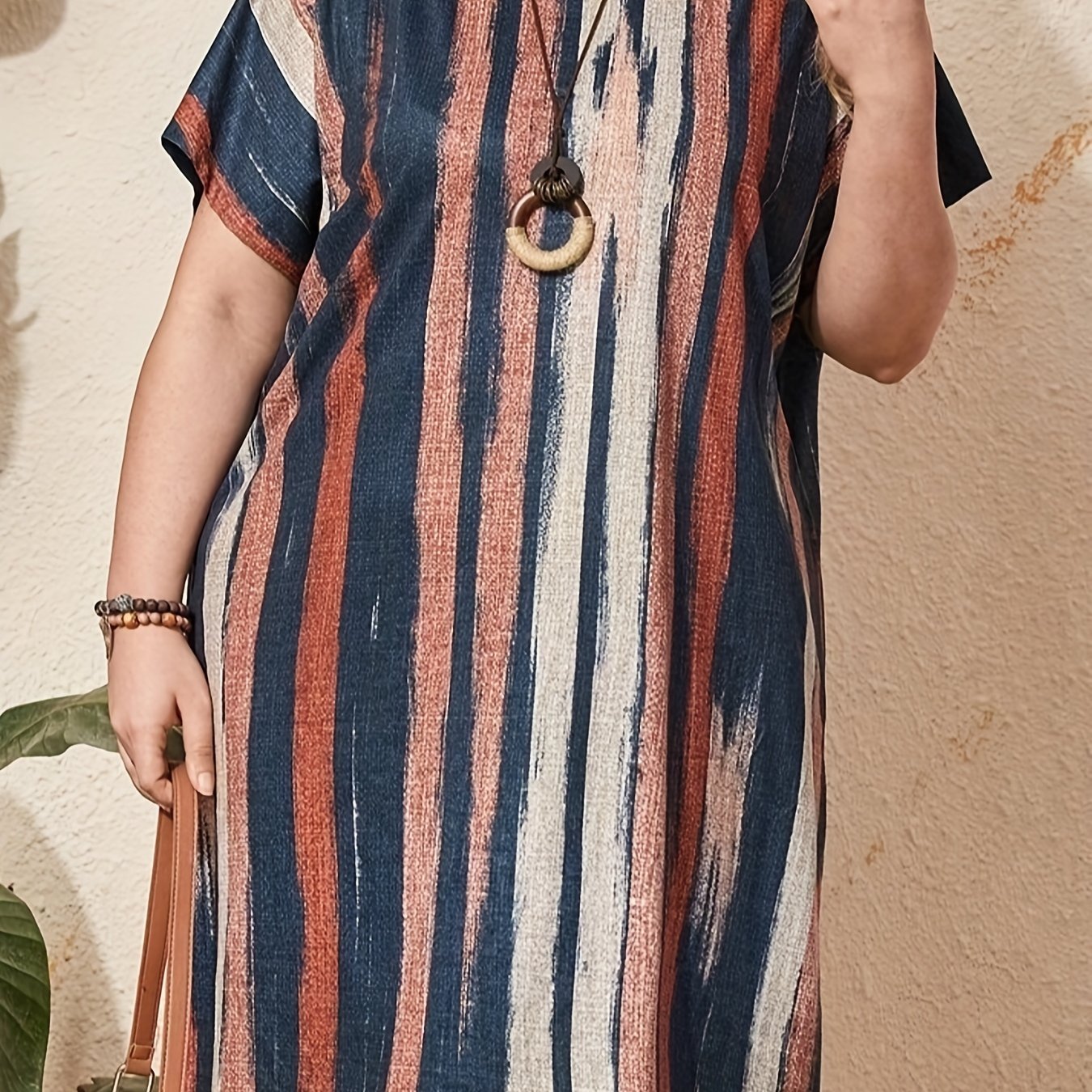  Colorblock Stripe Print Bat Sleeve Dress