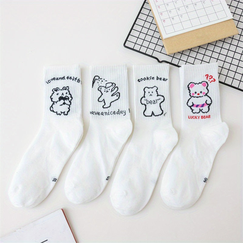 4 Pairs Cartoon Bear Print Socks Women's Mid Tube Stockings