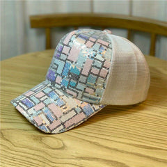 Plaid Sequins Baseball Cap Y2K Hip Hop Mesh Trucker Hat Unisex