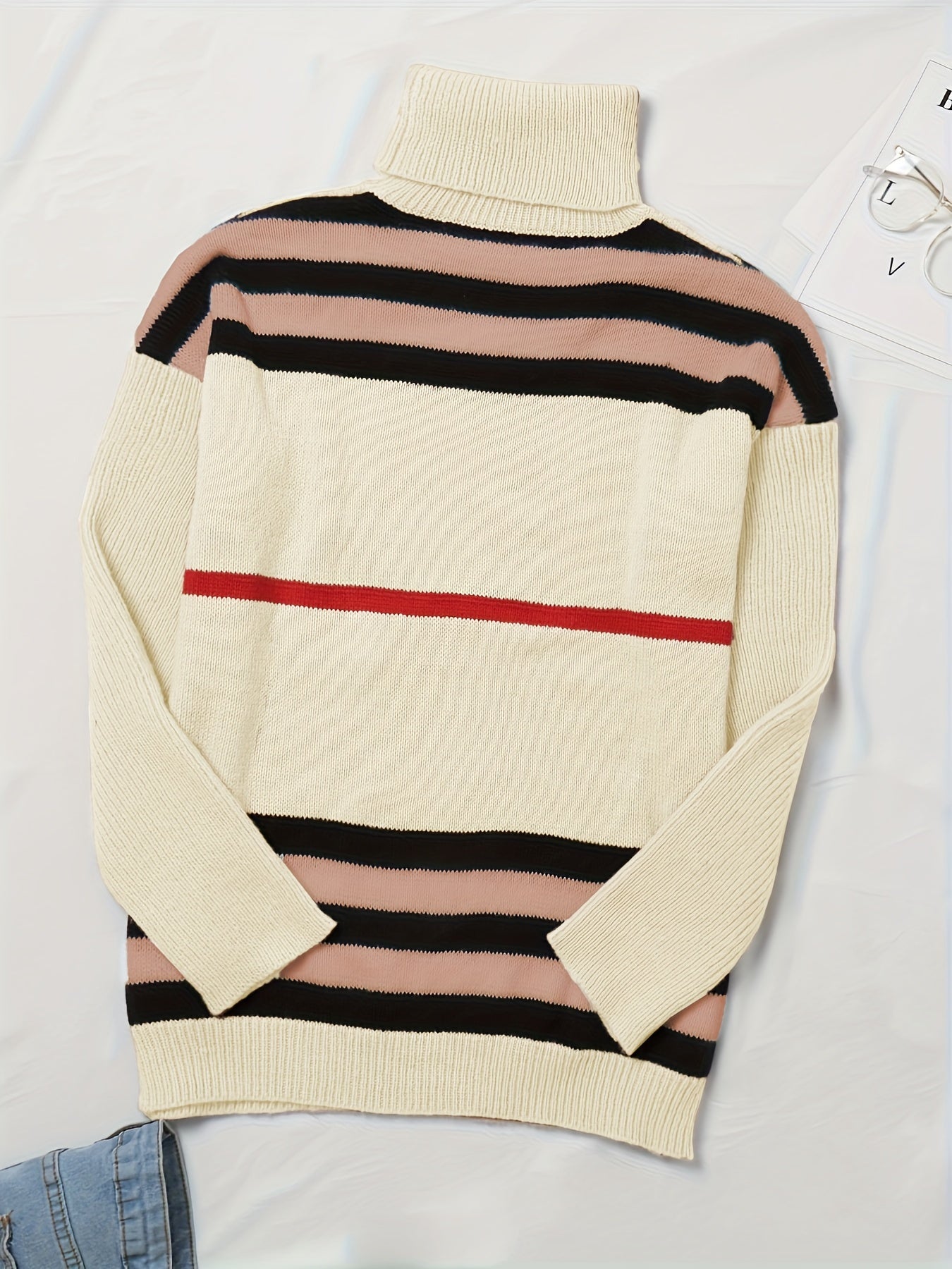  Casual Sweater Women's Plus Colorblock Stripe Print Long Sleeve