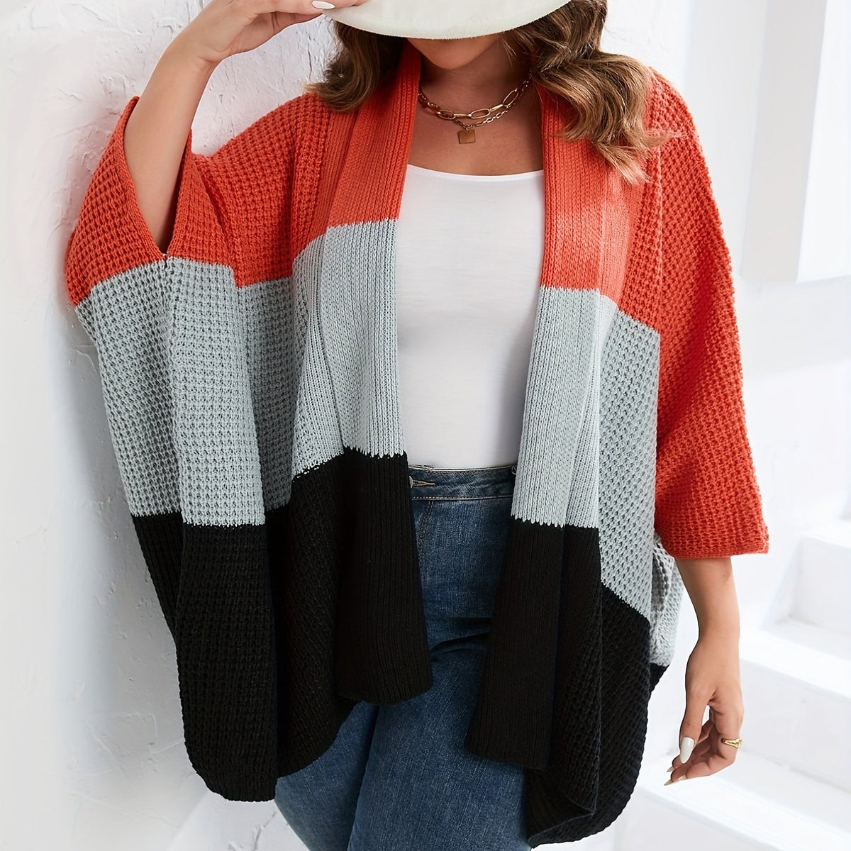  Colorblock Bell Sleeve Sweater Cardigan Women's Plus Casual Sweater