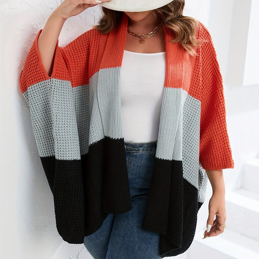  Colorblock Bell Sleeve Sweater Cardigan Women's Plus Casual Sweater