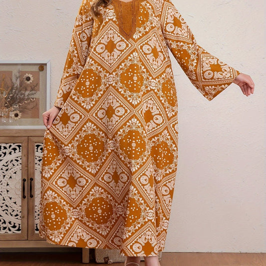 Plus Size Boho Abaya Dress Women's Plus Scarf Print Kaftan Dress