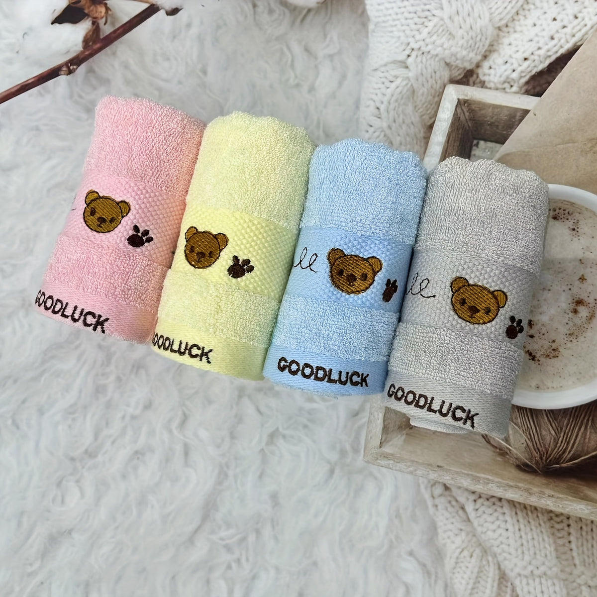 4pcs Bear Embroidered Face Cleaning Towels