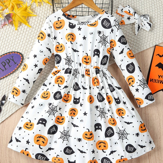Girls Comfy & Ghost Graphic Long Sleeve Dress Halloween Outfit