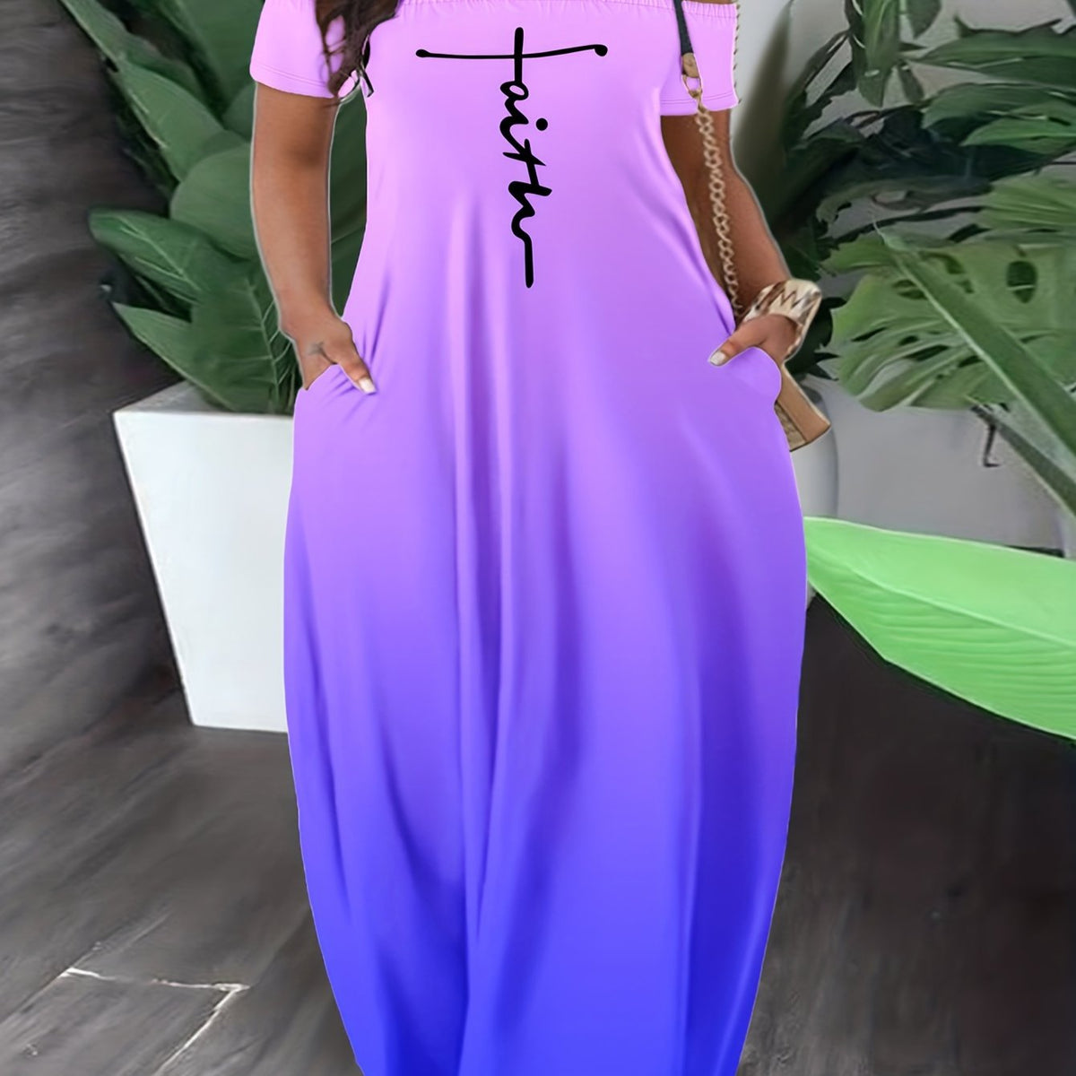  Casual Summer Dress Women's Plus Letter & Ombre Print Maxi Dress