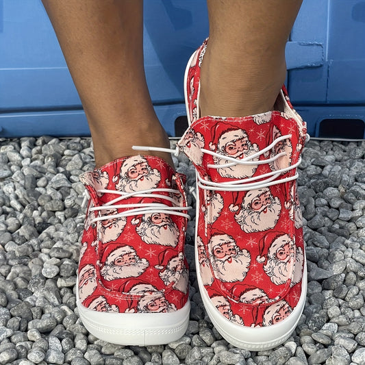 Christmas Red Beard Old Man Cartoon Pattern Lace Up Flat Shoes