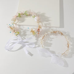 Faux Pearl Flower Headband Hand Braided Golden Leaf Tiara