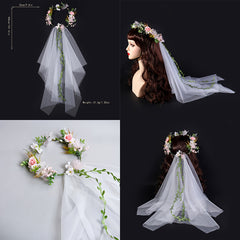 Romantic Pink Floral Bridal Veil with Crown