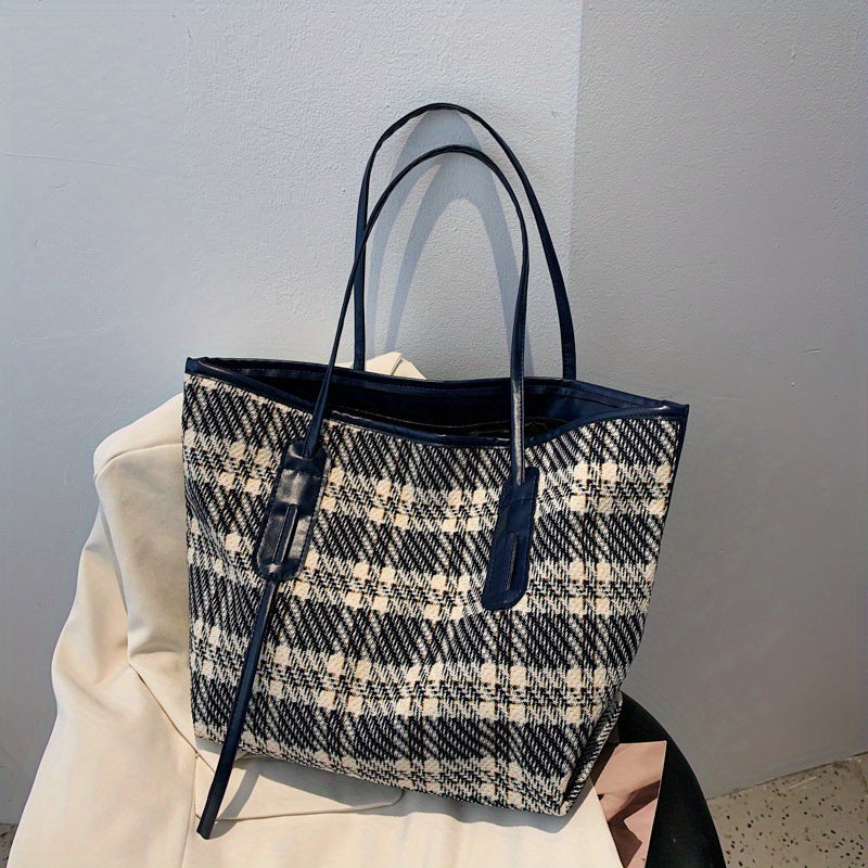 Plaid Large Capacity Tote Bag Textured Shopping Shoulder Bag
