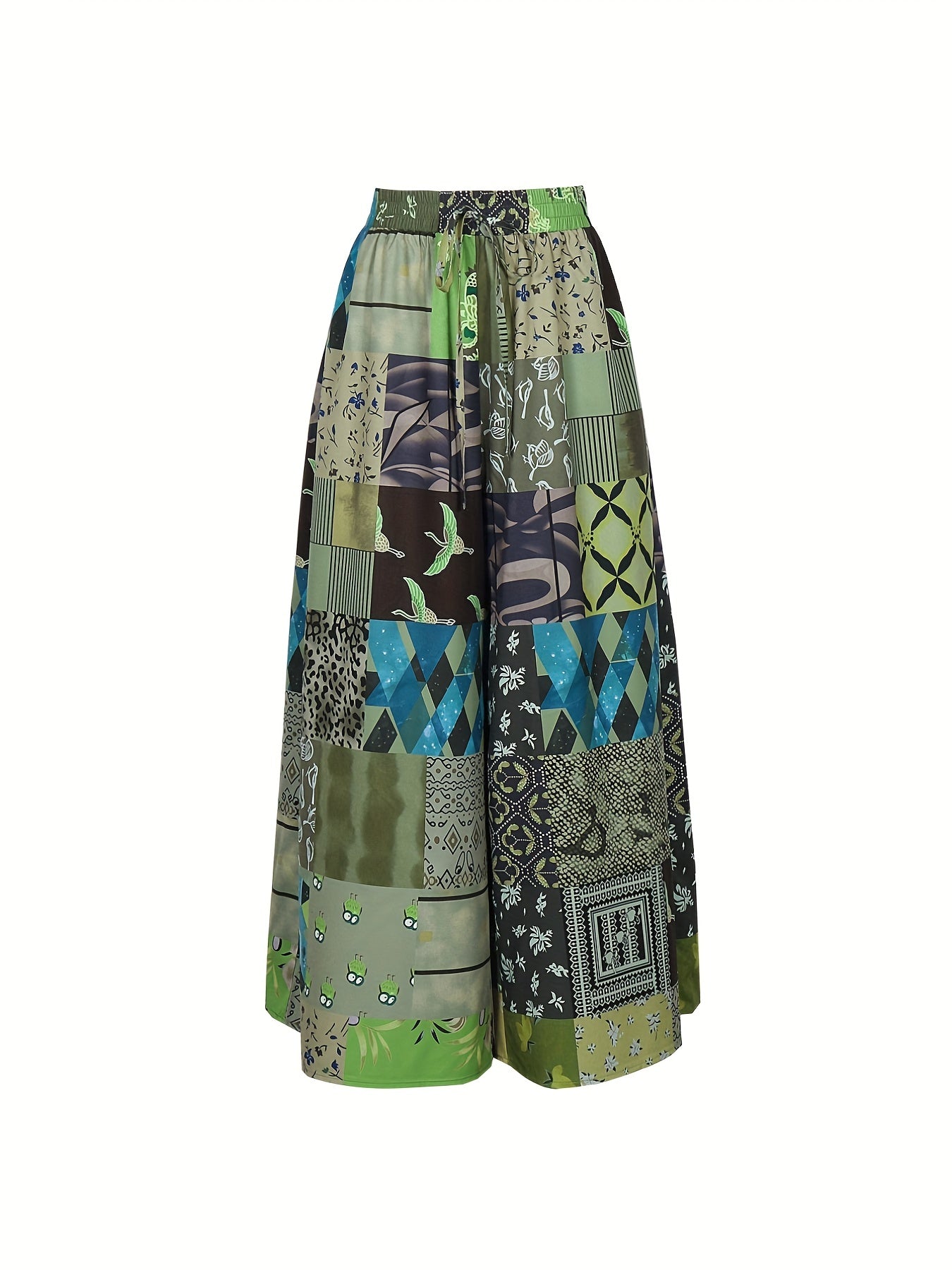  Colorblock Floral Print Wide Leg Pants