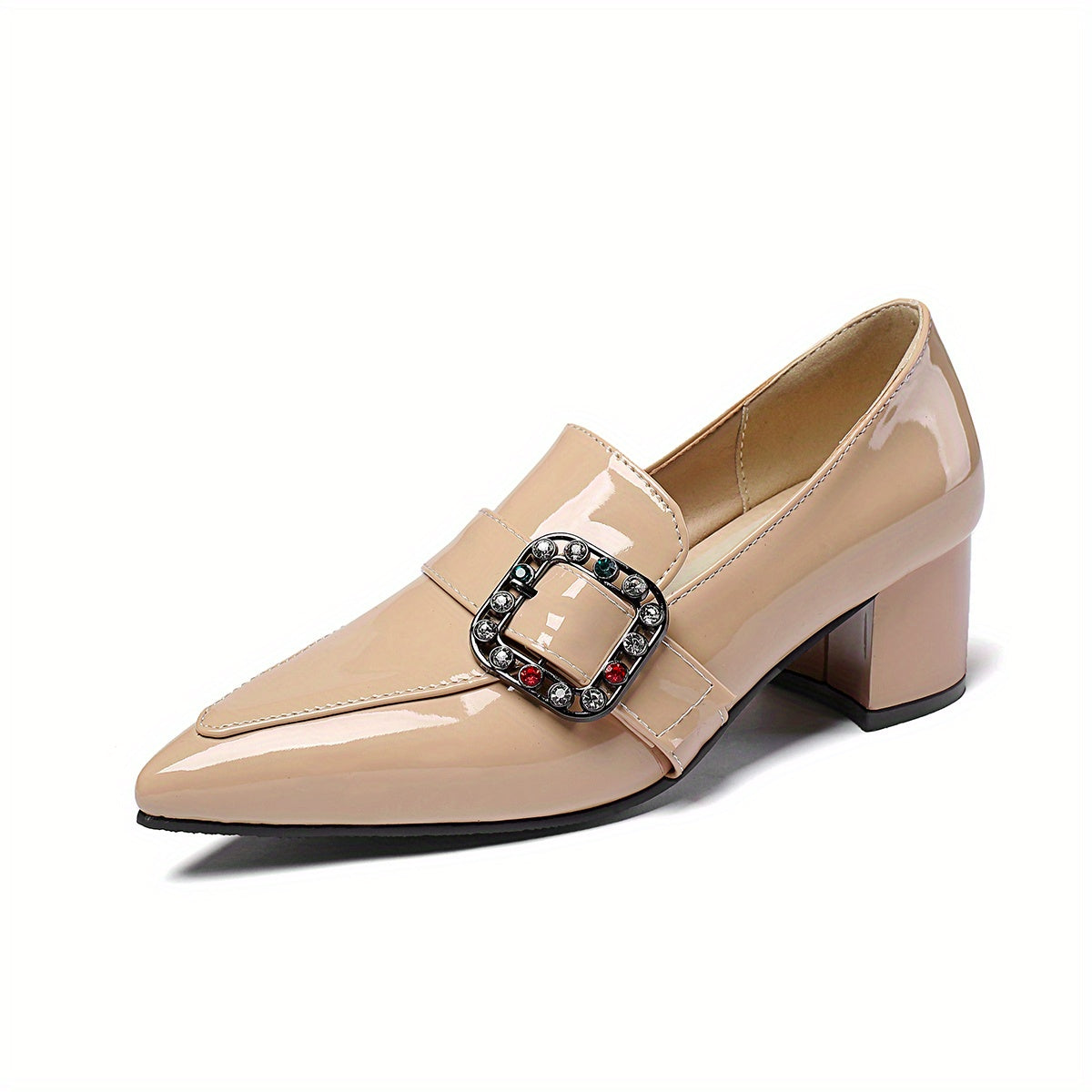 Rhinestone Chunky Heel Slip-On Shoes - Women's Comfortable Pointed Toe Heels