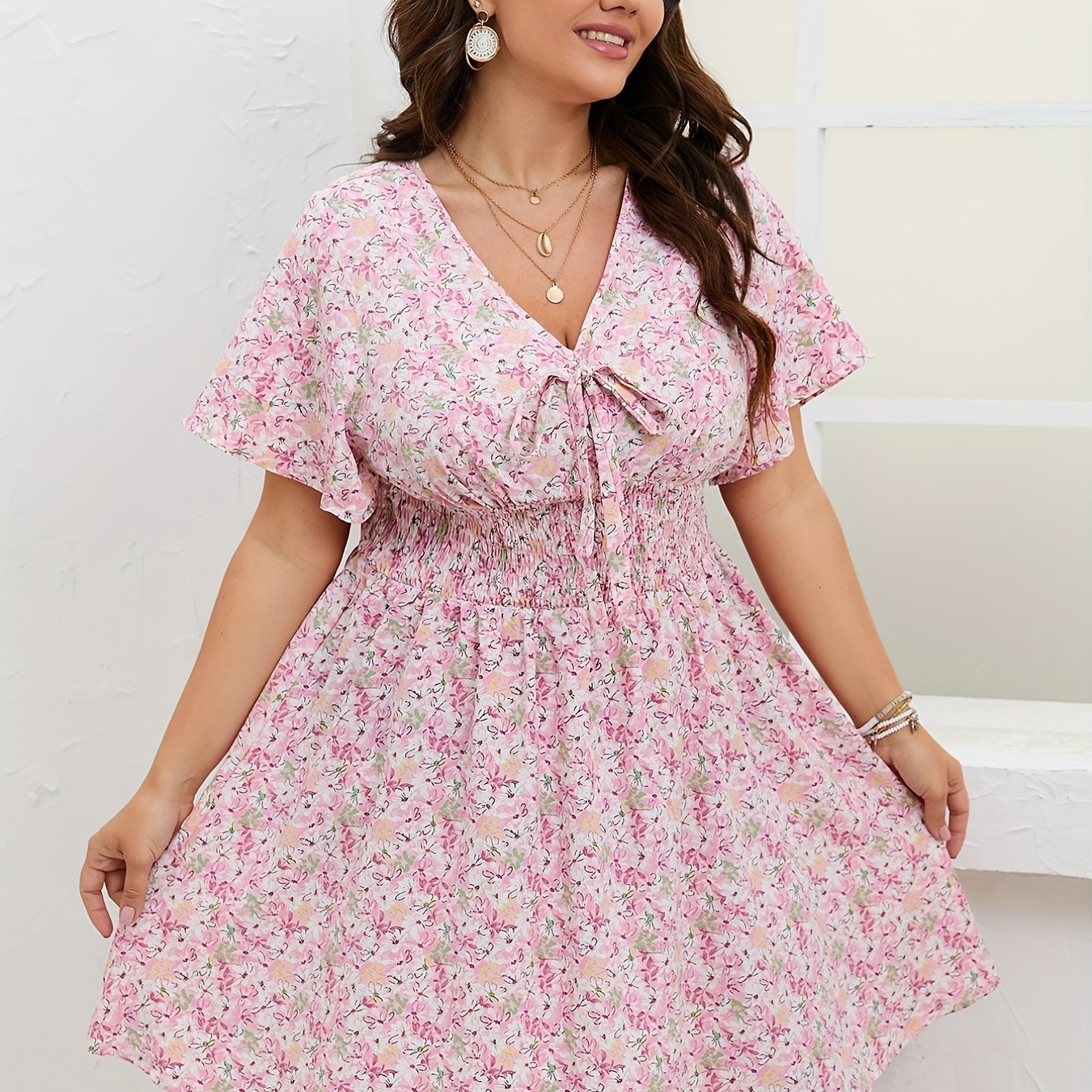  Women's Retro Floral Print Short Sleeve Dress