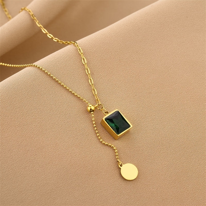 Green Emerald Pendant Necklace Stainless Steel Adjustable Necklace