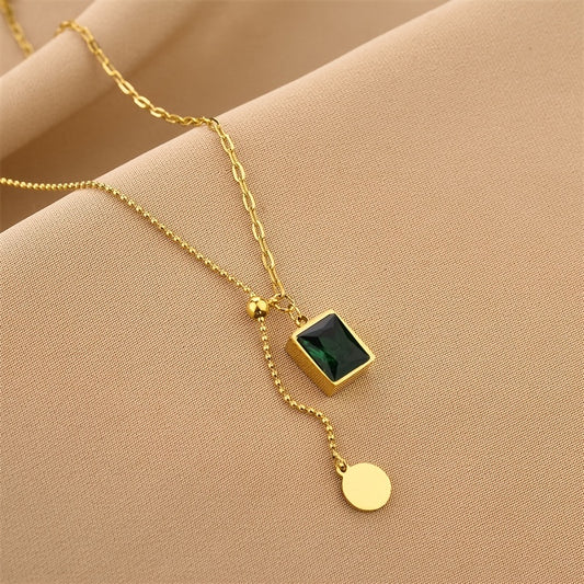Green Emerald Pendant Necklace Stainless Steel Adjustable Necklace