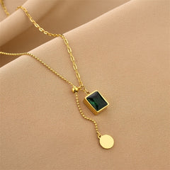 Green Emerald Pendant Necklace Stainless Steel Adjustable Necklace