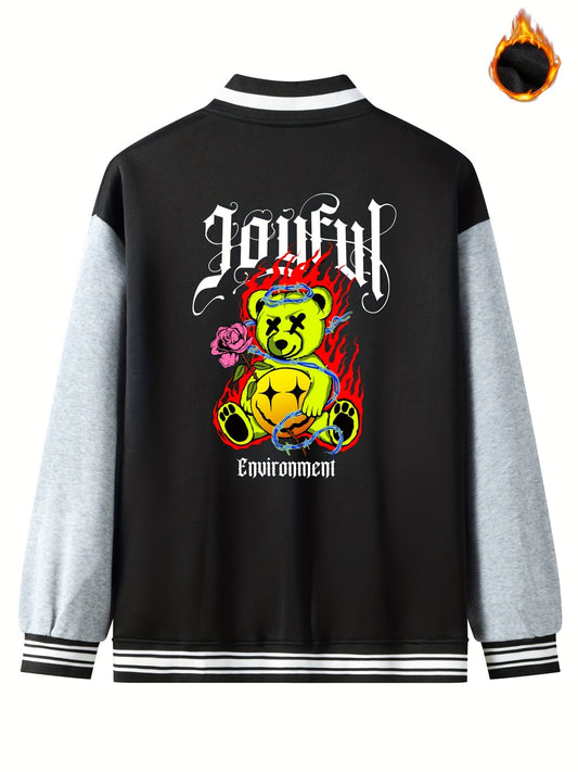 Men's Joyful Muppet Bear Print Jacket Long Sleeve Baseball Collar