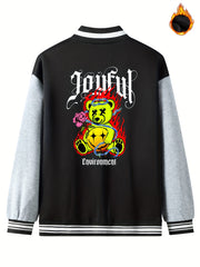 Men's Joyful Muppet Bear Print Jacket Long Sleeve Baseball Collar