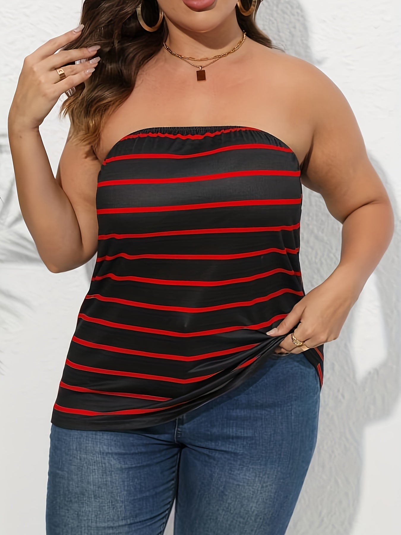  Pin Stripe Print Tube Top Women's Plus Casual Strapless Top