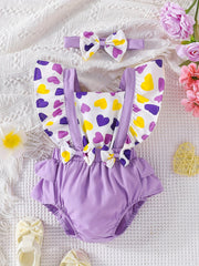 Newborn Infant Heart Print Romper & Bow Headband Set For Baby Girls