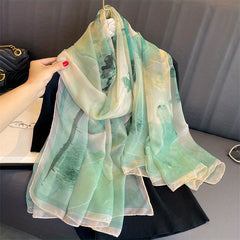 Chiffon Flower Print Scarf Soft Shawl - Women's Sunscreen Head Wrap