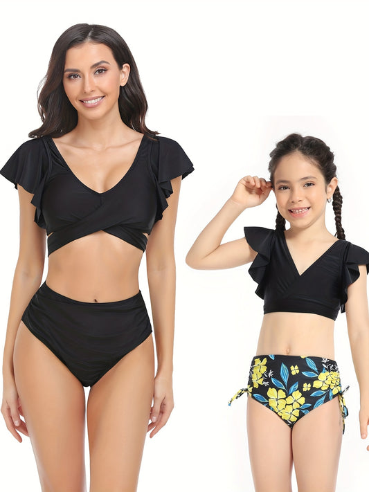 Mom & Daughter Matching Bikini Swimsuit Set Tropical Plant Print Ruffle