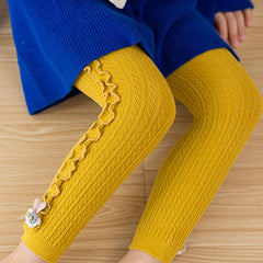 Girls Side Frill Trim Knit Leggings Flower Bunny Footless Tights Pants