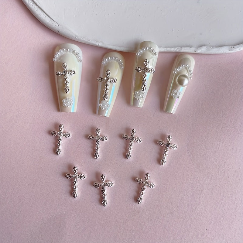 3D Cross Nail Charms with Pearl Gems and Rhinestones