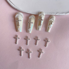 3D Cross Nail Charms with Pearl Gems and Rhinestones