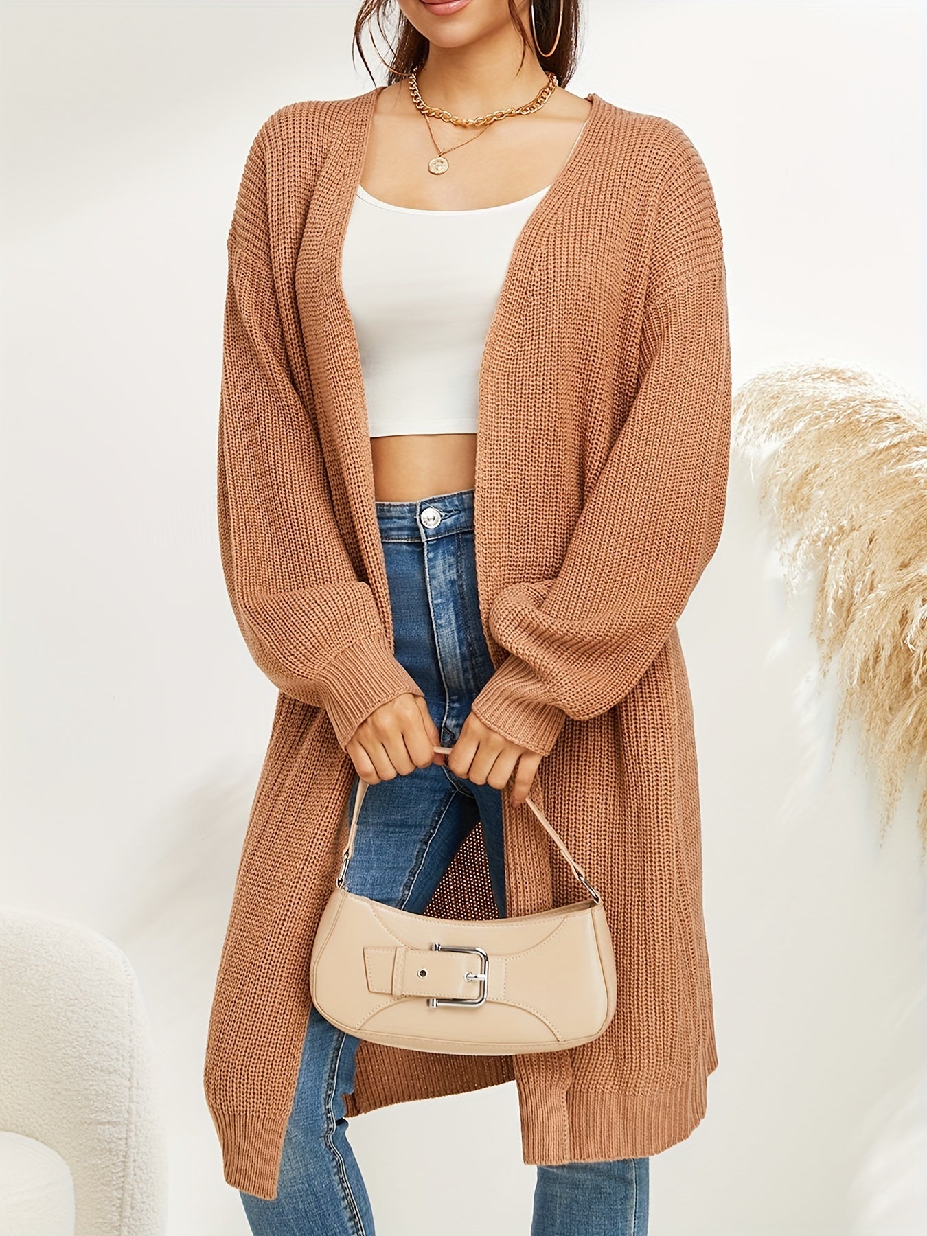 Long Length Knit Cardigan Open Front Sweater Women's Clothing